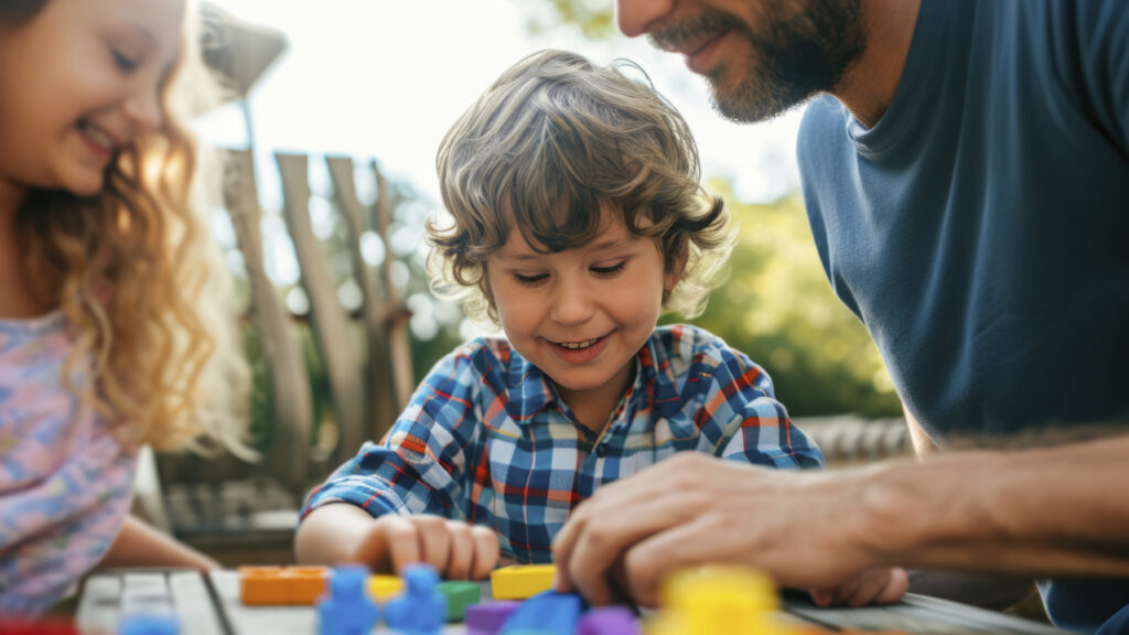 young child with autism playing with family